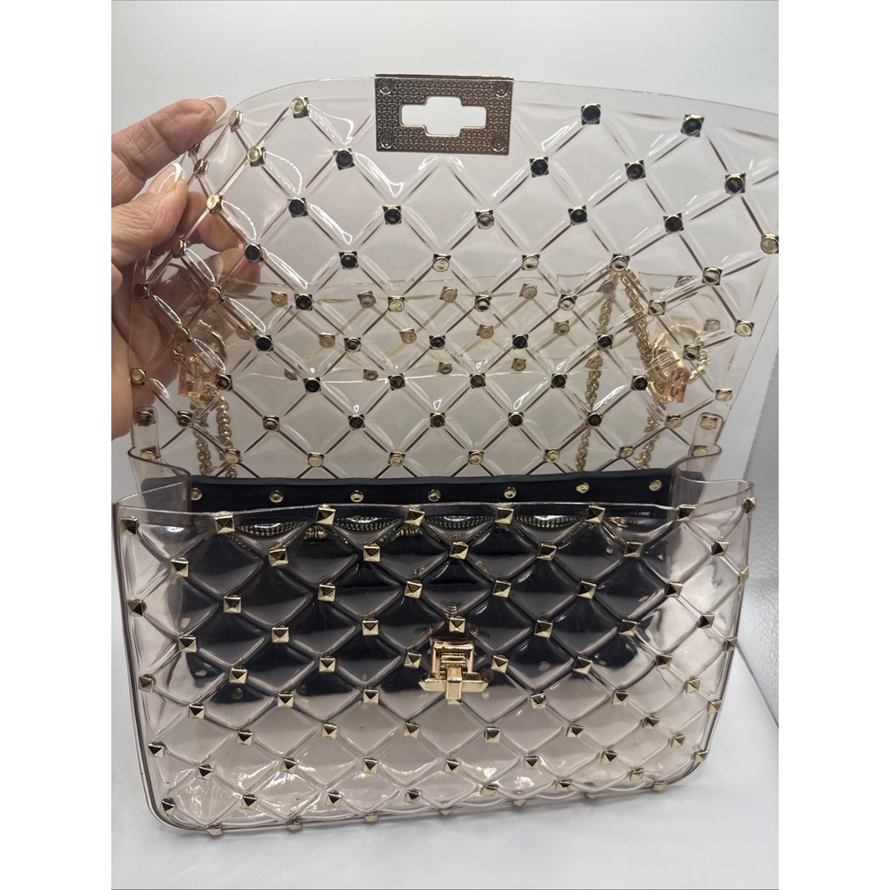 Clear Quilted Rockstud Shoulder Bag Gold Chain Strap PVC Transparent Black Pouch - Picture 6 of 9